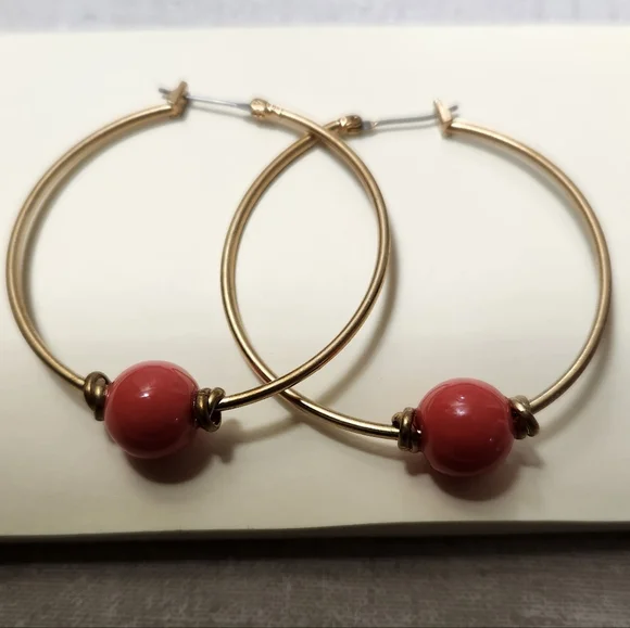 NWOT Gold Hoops with Coral Beads - Picture 3 of 4